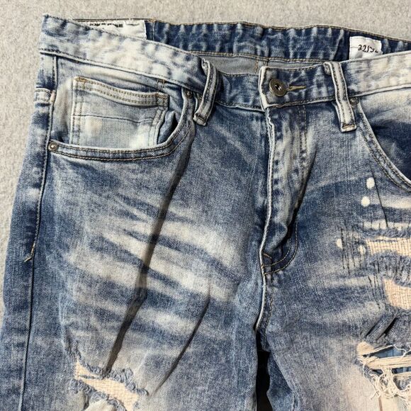 Smoke Rise Jeans Mens 32x32 Tie Die Ripped Slim Fit Distressed Washed Blue Logo - Picture 2 of 16